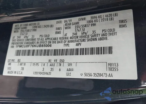 2019 Ford Escape S from USA, damaged, VIN 1FMCU0F76KUB85006